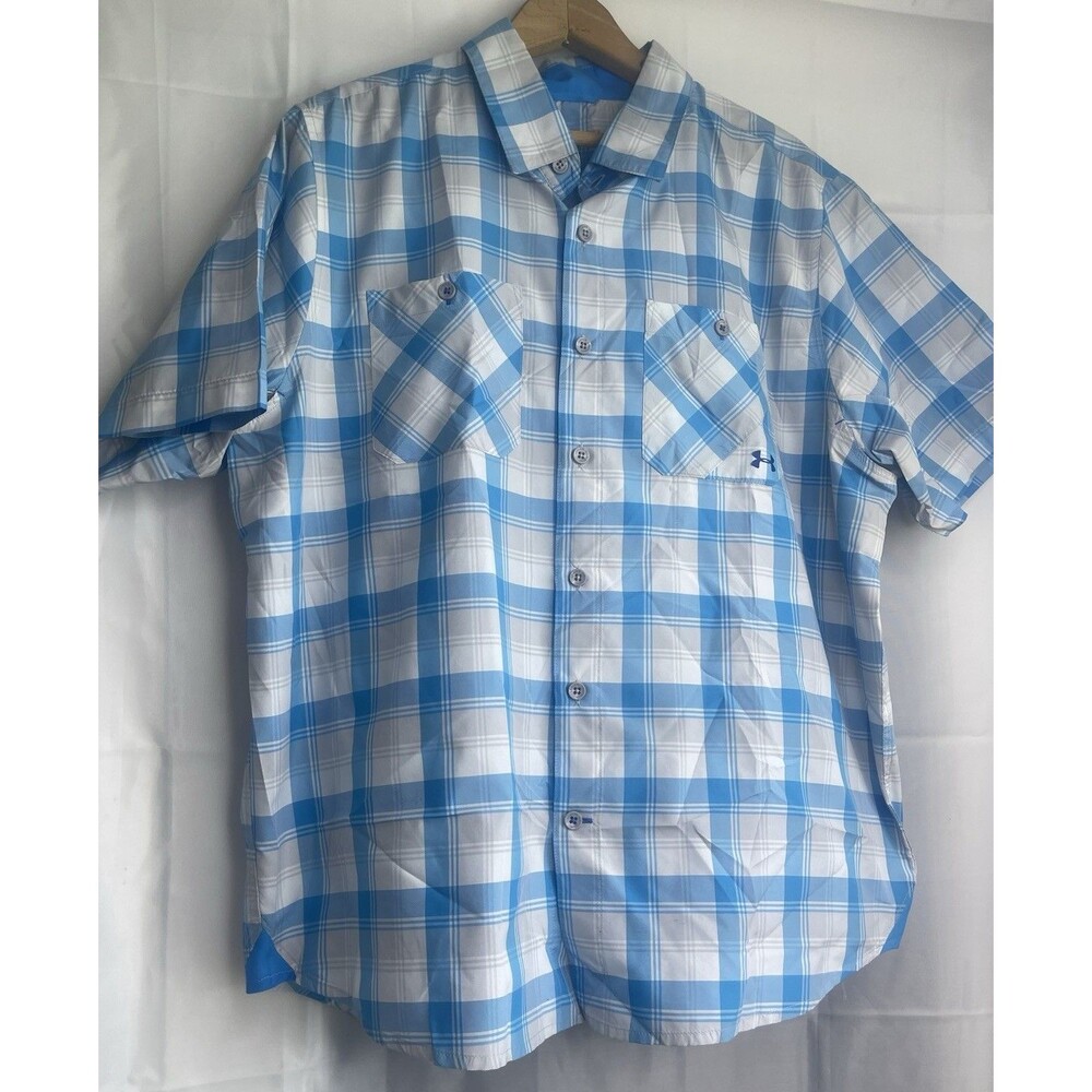 Under Armour Men’s XXL Blue White Plaid Snap Button Short Sleeve Outdoor Shirt